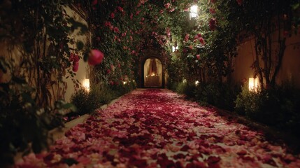 Rose-strewn pathway at night