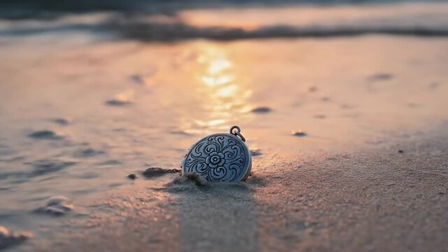 Antique locket partly buried as gentle wave passes over it on beach  