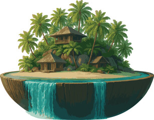 Fantasy Floating Tropical Island with Waterfall &ndash; Wooden Bowl Shaped Exotic Paradise with Palm Trees, Wooden Cabins, and Clear Blue Water &ndash; Surreal Vacation Concept Art on Transparent Background