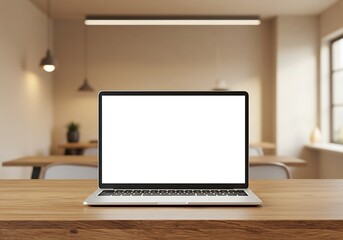 A laptop with a blank screen sits on a wooden desk in a modern, well-lit room.