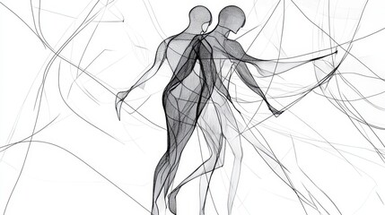 line draw of people doing specific actions in an abstract space -
