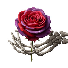 Skeleton hand holding bicolor rose with water droplets isolated on a transparent background png, cut out, clipping path, social media, Advertisement, high quality, HD photo, close up,  web, banner.