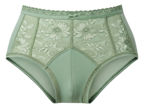 Elegant high waisted green panties featuring floral lace panels detailed trims and a small bow for an alluring look and comfortable fit