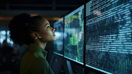 Woman analyzing data on multiple computer screens in a dark office environment at night - Powered by Adobe