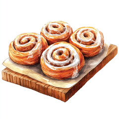 Fototapeta premium Watercolor Illustration of Four Delicious Cinnamon Rolls on Wooden Board