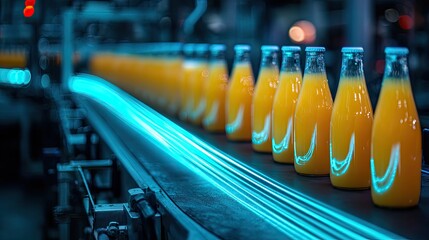 Bottles of juice on a factory conveyor belt.