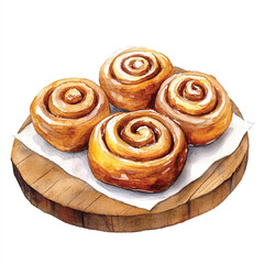 Fototapeta premium Watercolor Illustration of Four Freshly Baked Cinnamon Rolls on Wooden Platter (1)