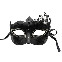 Matte black Venetian mask with lace and rhinestones isolated on a transparent background png, cut out, clipping path, social media, Advertisement, high quality, HD photo, close up,  web, banner.