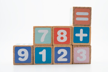 Number wood block cubes for learning Mathematic, education math.
