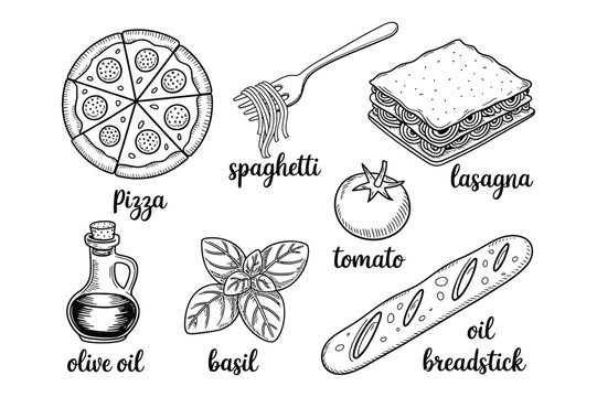 Delicious Italian Food Icons Pizza Spaghetti Lasagna and Ingredients Vector Illustration