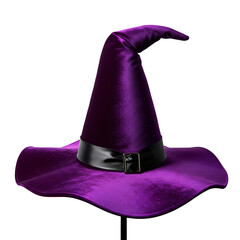 Rich purple velvet witch hat with black band and buckle isolated on a transparent background png, cut out, clipping path, social media, Advertisement, high quality, HD photo, close up,  web, banner.