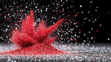 A vibrant explosion of red glitter sparkles against a dark background creating a festive and celebratory atmosphere perfect for party invitations or celebratory designs showcasing