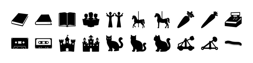 Vintage & Whimsical Icon Silhouettes – Books, Castles, Cats - A creative collection of black silhouette icons on a white background, representing a variety of whimsical and vintage-style objects.