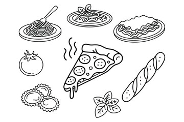 Delicious Italian Food Line Art Illustration Featuring Pizza Pasta Ravioli and Bread for Culinary Design and Restaurant Menus