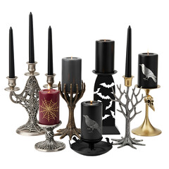 Collection of five luxury Halloween candles in black and gray isolated on a transparent background png, cut out, clipping path, social media, Advertisement, high quality, HD photo, close up,  web.