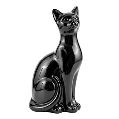 Glossy black ceramic cat figurine with curled tail isolated on a transparent background png, cut out, clipping path, social media, Advertisement, high quality, HD photo, close up,  web, banner, poster