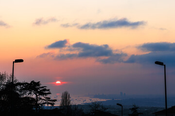 Sunset over the marmara sea and silhouettes of trees in the foreground in istanbul