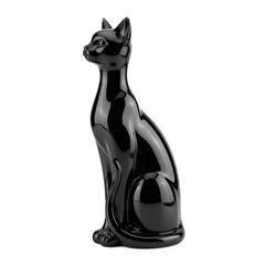 Glossy black cat figurine with curled tail sitting elegantly isolated on a transparent background png, cut out, clipping path, social media, Advertisement, high quality, HD photo, close up,  web.