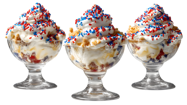 Close-Up of Ice Cream Sundaes with American Flag Sprinkles for Labor Day isolated on transparent white background --ar 16:9 --raw