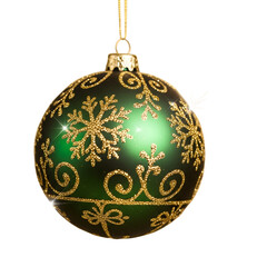Shiny dark green Christmas ornament with gold glitter snowflakes and swirls isolated on a transparent background png, cut out, clipping path, social media, Advertisement, high quality, HD photo.