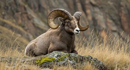 Obraz premium Sheep horns. Ram Resting on Rock Ledge in Mountainous Landscape