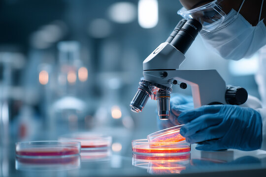 Laboratory technician analyzing samples under a microscope