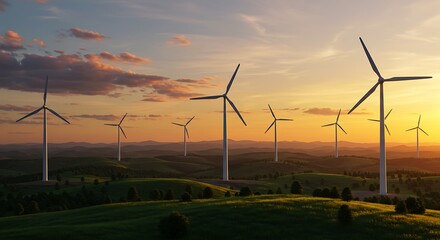 Obraz premium A picturesque landscape features wind turbines silhouetted against a colorful