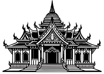 Fototapeta premium Black and White Thai Temple Illustration with Ornate Roofs