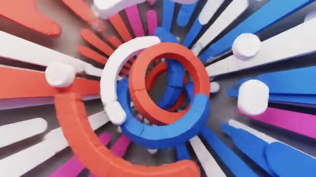 3D rings animation with geometric center and simple shapes. Trendy radial pattern abstract background, perfect for corporate slides. Smooth, seamless loop.
