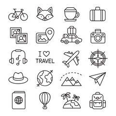 Travel icons set with bicycle camera airplane and suitcase