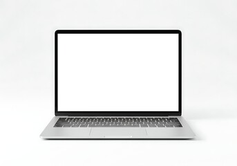 A modern silver laptop computer displays a blank white screen against a white background.