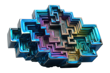 Polished bismuth crystal with stair-step formation and metallic iridescence