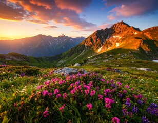  sunset or sunrise illuminates a breathtaking mountain landscape with alpine meadows, scattered flowers, and majestic snow-capped peaks under a dramatic sky of clouds