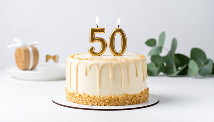 Beautiful cake with beige glaze with burning candle in shape of number 50. Tasty holiday dessert.