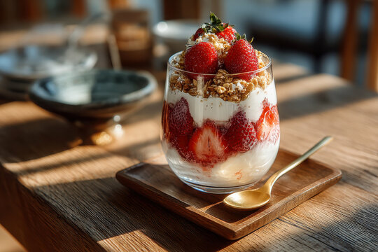 Strawberry yogurt granola parfait served in sunlit cafe