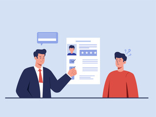 A businessman teaching an employee a resume mistake, vector illustration. job opportunities, vacancies, HR hiring, and candidate selection concepts.