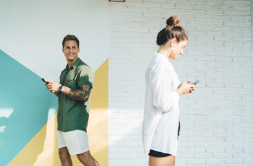 Stylish freelancers using smartphones while walking in different directions, illustrating digital...