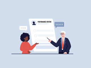 Manager's employee performance discussion meeting vector illustration.