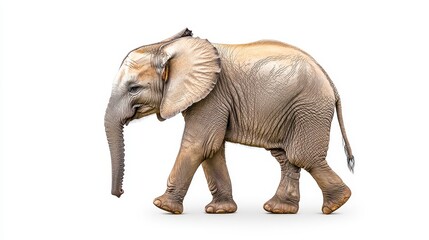 Obraz premium A young Asian elephant, isolated on a pure white background, walks gracefully with its trunk slightly raised, showcasing its detailed texture and gentle gait in a side profile