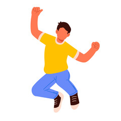 Flat vector illustration of a happy man jumping with raised fists. Wearing a yellow shirt and blue pants, he expresses joy and victory. Ideal for success, celebration, and motivation concepts.