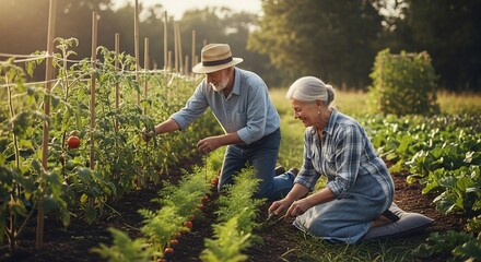 Senior couple tending their garden. Gardening together promotes healthy aging. Perfect for wellness, retirement living, nutrition and organic lifestyle promotions.