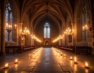 Crammed Istanbul's ancient gothic cathedral architecture with stunning night light from inside the stone building's old arch corridor