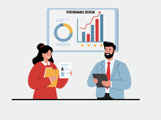 The business staff career development yearly graph chart manager explain to an employee vector illustration.