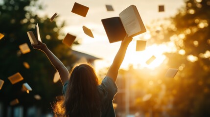 Finish studying and feeling relieved, tossing final book in the air outside library