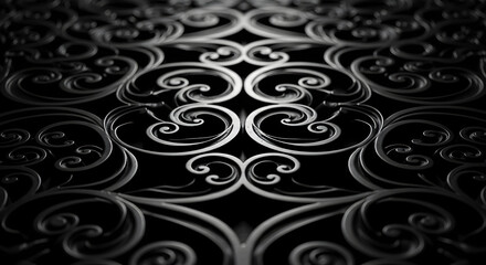 Close up of a black surface with a repeating silver swirl pattern in a symmetrical arrangement