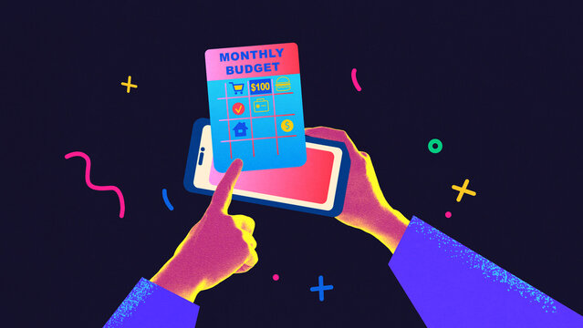 Neon collage of hand selecting monthly budget chart on smartphone with vibrant neon UI elements. Concept of personal finance tracking, fintech UX, digital payments and budgeting education.