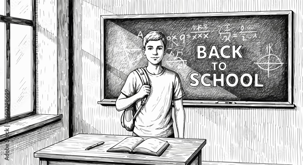 Poster back to school scene features a student with chalkboard and open book on desk. back to school backgr