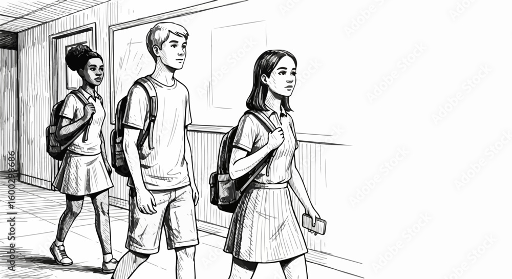 Poster students at university or school walking down the hall, ready to learn. students are heading to thei
