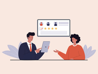 A businessman writes an Employee performance and teamwork analysis corporate concept vector illustration