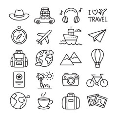 Travel icons set with hat car airplane and passport